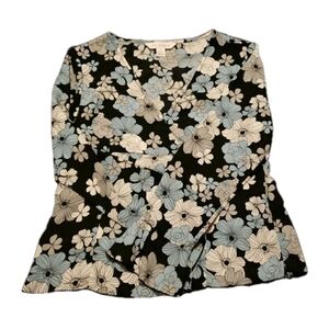 Vtg Petite Sophisticate 8 Blue Floral Faux Wrap Slit Flutter Sleeve Shirt Y2K